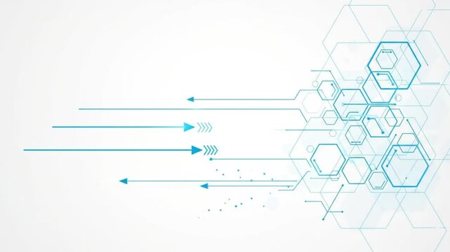 Abstract technological background with blue hexagonal grid and lines symbolizing data transfer and innovation