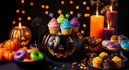 Fototapeta premium Halloween party table with jackolantern, cupcakes, donuts, and candles