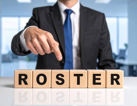Roster - Geschäftsmann zeigt auf den Text "Roster"