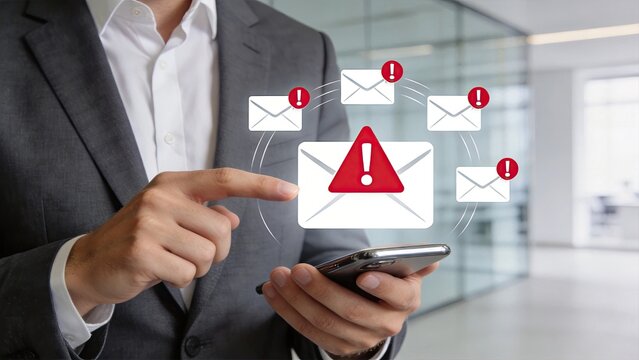 Businessman using smartphone with urgent email alerts digital communication concept professional in office environment technology and connectivity corporate messaging system
