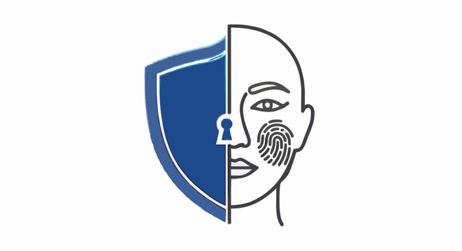 Secure digital identity concept with biometric authentication, represented by a protective shield and a human face displaying a unique fingerprint for enhanced data privacy and access control