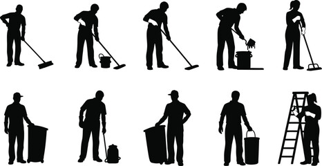 Naklejka premium Silhouettes of people performing various cleaning and maintenance tasks