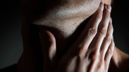 Fototapeta premium Person examines neck for pain. Carefully press carotid during personal health evaluation. Individual performs selfassessment by palpating neck and carotid areas for pain or abnormalities