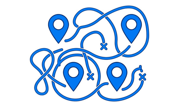 Connected location pins with looping map routes illustrating navigation, route planning, and travel logistics.