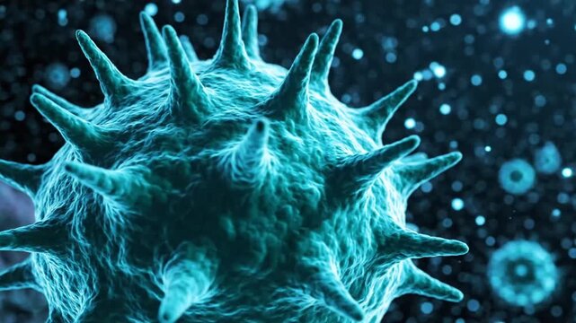 Microscopic view of virus particles with spiky surface structures floating in a digital environment representing viral infection