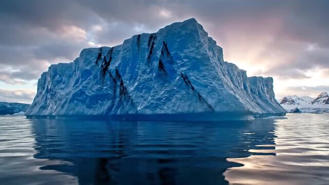 Massive blue iceberg floating in polar ocean with distant mountains