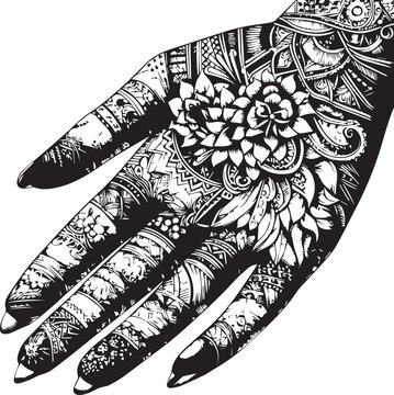Intricate Mehndi Silhouette Vector in Black and White Traditional Henna Art Design
