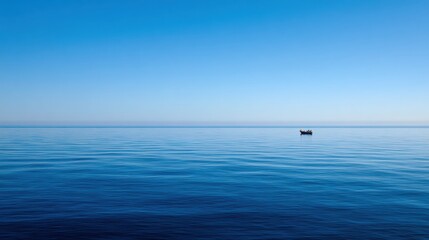 Fototapeta premium Quiet tranquil voyage. Serene vessel floats on calm waters. Peaceful boat gently glides over silent lakes. Calm and silent boat drifts softly through tranquil waters expressing serenity