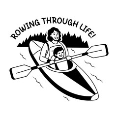 A glyph sticker of a mother rowing boat with her child   © Vectors Market