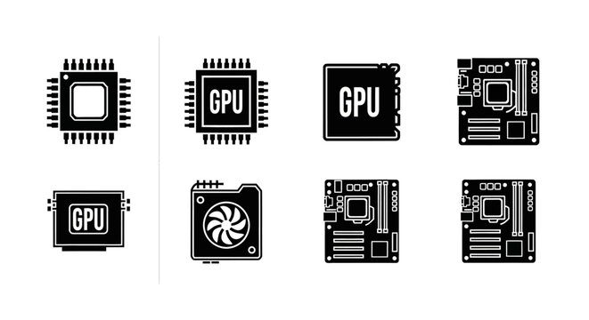 Computer Hardware Icons: CPU, GPU, Motherboard, Fan - Black and White