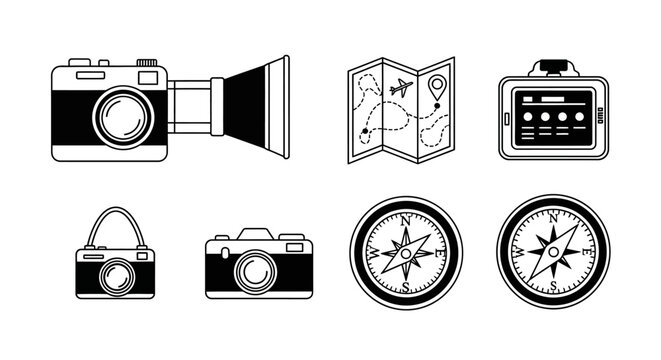 Travel Icons: Camera, Compass, Map, GPS - Vector Graphics