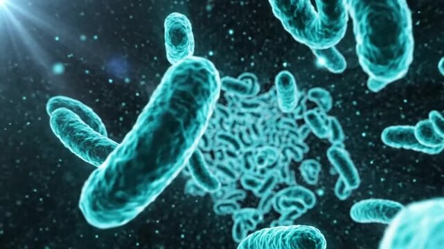 Microscopic view of bacteria and viruses floating in a digital space highlighting microbial activity