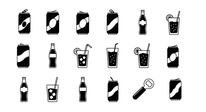 Soda Cans, Bottles, and Glasses Icon Set - Refreshing Drinks Collection
