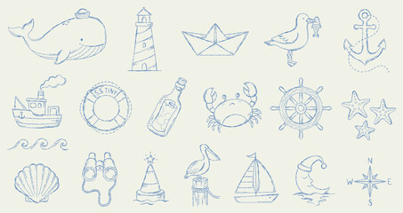 Hand-drawn nautical childish illustration set. Vintage blue line art maritime icons. Sea and ocean symbols collection. © Karina Martirosova
