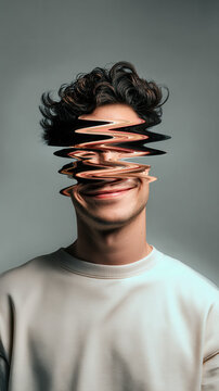 Surreal portrait of young man with distorted glitch face effect, fragmented smile and sliced facial features, creative digital manipulation on neutral background, abstract identity concept 