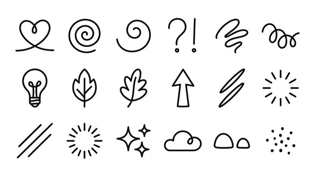 Hand-drawn doodle icon set with hearts, spirals, question marks, lightbulbs, leaves, arrows, clouds, sunbursts and decorative symbols for creative design projects.