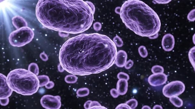 Dynamic visualization of purple blood cells floating in a fluid environment illuminated with cosmic light effects