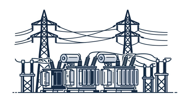 Electrical substation with transformers, power lines and pylons, industrial energy supply illustration