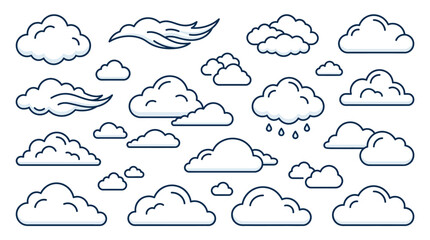 Fototapeta premium Collection of hand-drawn blue-outlined cartoon clouds scattered on a white background, decorative vector illustration