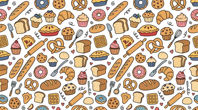 Colorful bakery pattern with croissants, baguettes, donuts, cookies and cakes in a playful illustrated design, ideal for textiles, branding and packaging.