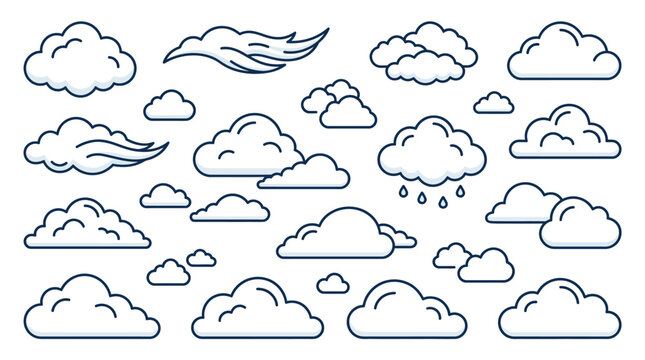 Collection of hand-drawn blue-outlined cartoon clouds scattered on a white background, decorative vector illustration