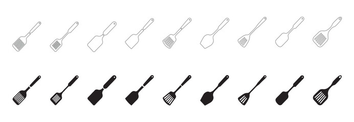 Doodle style black and white set featuring various common kitchen utensils and cooking tools, including spatulas, turners, and a spoon. Illustrated black and white spatulas set, vector  illustration. © Maryam