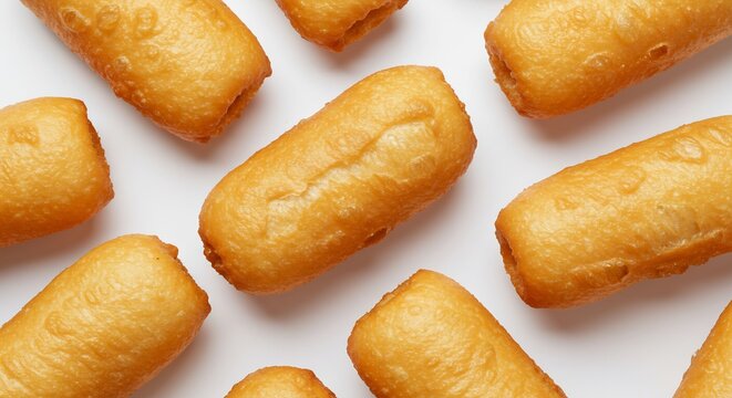 ふわふわ黄金色に揚がったパンが白背景に心地よく広がり食欲をそそるシンプルで美味しそうな一品. AI Generated