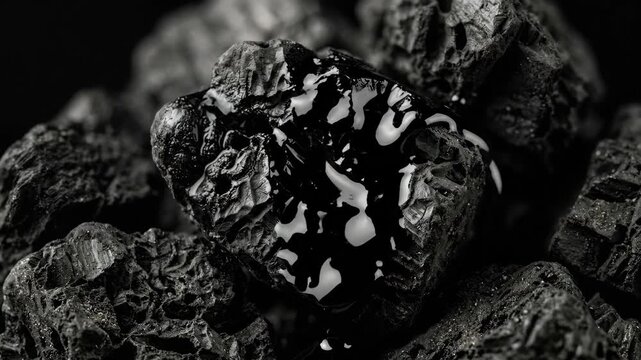 A macro view of activated charcoal granules at high magnification, porous surfaces riddled with interconnected micropore channels visible as dark tunnels, the irregular black