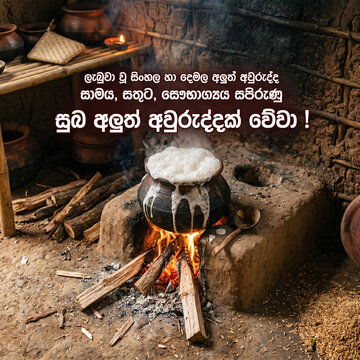 Sinhala and Tamil New Year Wishes with traditional clay pot on fire - Suba Aluth Avuruddak Weva