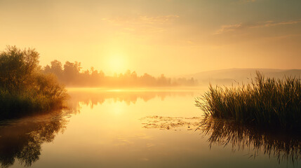 Fototapeta premium A serene sunrise over a calm lake, featuring lush vegetation and soft reflections, perfect for tranquil imagery.
