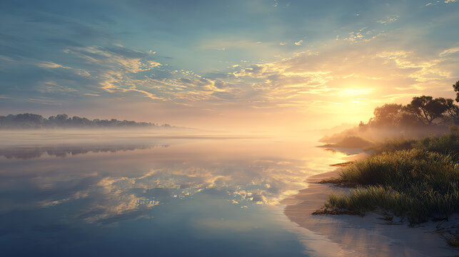 A serene sunrise over a calm river, reflecting the vibrant colors of nature and creating a peaceful atmosphere.