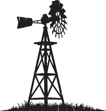 Black silhouette of a windmill on a grassy field isolated on white background rural landscape icon