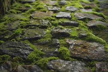 Naklejka premium Wet stones covered in vibrant green moss form a picturesque natural path in a tranquil outdoor setting