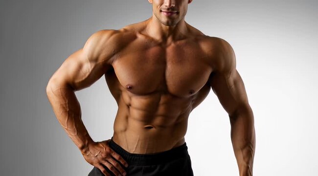 Strong Muscular Bodybuilder Posing to Show Off Ripped Physique and Abs.