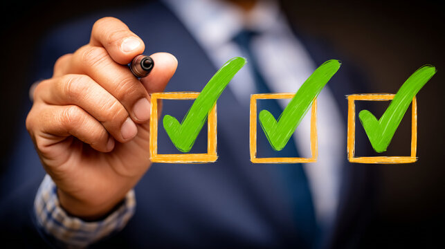 Businessman marking green checkmarks in boxes for successful task completion