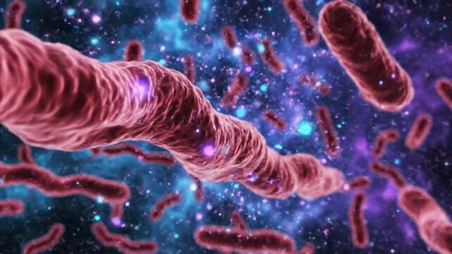 Microscopic view of bacteria and microbes dynamically floating through a vibrant cellular universe
