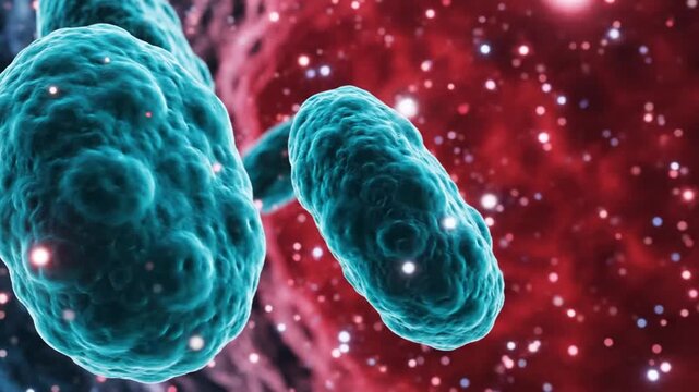 Microscopic view of bacteria floating in a vibrant red cellular environment showing microbial life and cellular structures