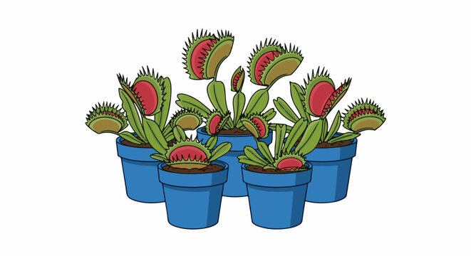 A vibrant illustration of multiple Venus flytrap plants in blue pots