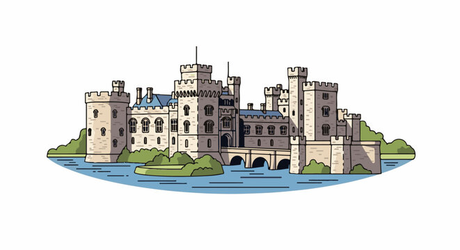 A stylized medieval castle with turrets and towers sits on an island surrounded by water