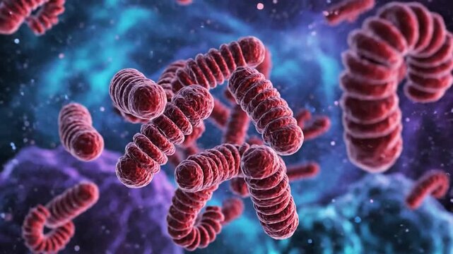 Microscopic view of vibrant red bacteria floating in a cosmic-like environment with bright colors and detailed textures