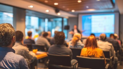 Fototapeta premium Building Safety Month: building safety training session in a modern corporate conference room, diverse group of employees attentively watching a presentation on emergency procedures 
