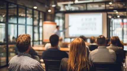 Obraz premium Building Safety Month: building safety training session in a modern corporate conference room, diverse group of employees attentively watching a presentation on emergency procedures 