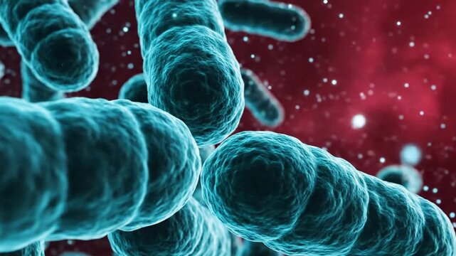 Detailed microscopic view of bacterial cells floating against a vibrant red background highlighting cellular structures