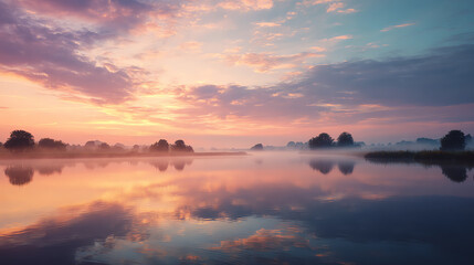 Obraz premium A serene sunset over a calm lake, reflecting vibrant colors and soft clouds in the sky.