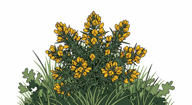 A vibrant depiction of a blooming yellow gorse bush with lush green foliage