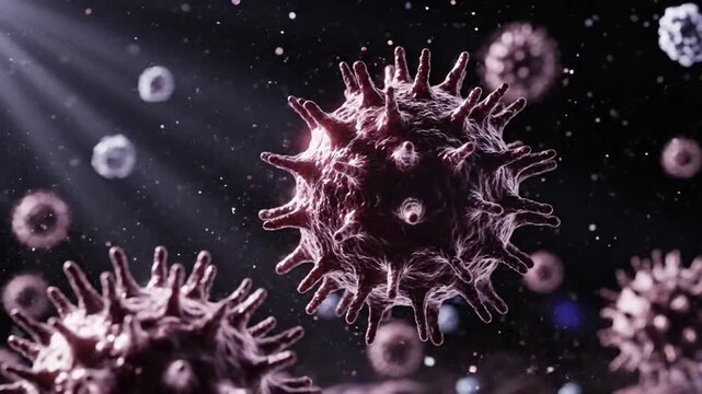 Animated microscopic view of virus particles floating in a hostile environment with dynamic lighting and particle effects