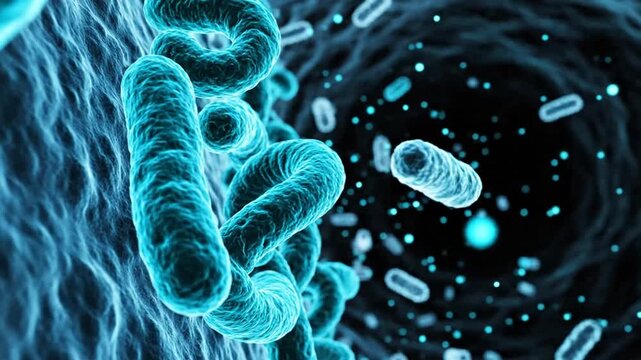 Futuristic microscopic view of bacteria and viruses in vibrant blue neon colors exploring cellular interactions in a biological