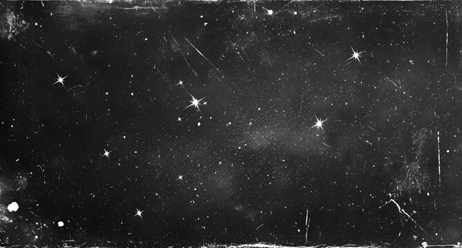 Grungy Black and White Starry Night Sky with Scratches and Dust Overlay.