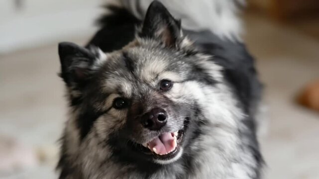 Deutscher wolfspitz. Keeshond or german spitz. Fluffy dog sits alert against black background. Dark eyes gaze directly at viewer. Coat features grey, black, and white tones