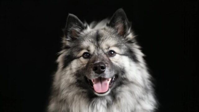 Deutscher wolfspitz. Keeshond or german spitz. Fluffy dog sits alert against black background. Dark eyes gaze directly at viewer. Coat features grey, black, and white tones